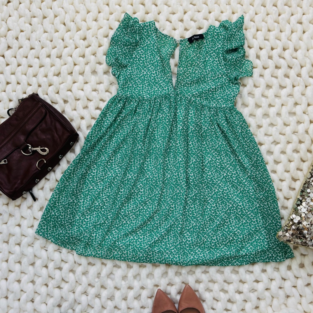 Green Floral Dress with Ruffle Sleeves